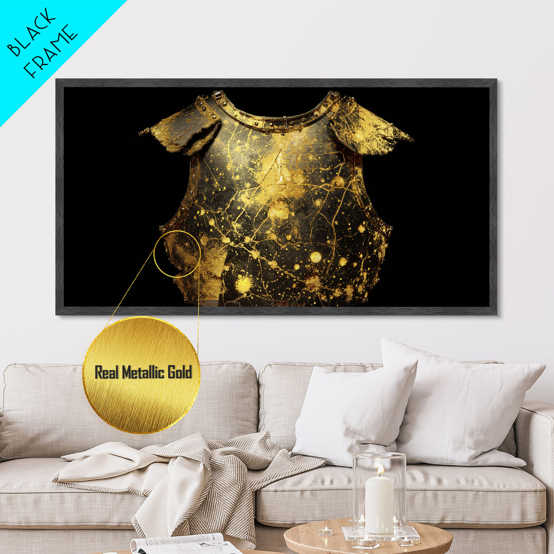 Golden Armor Breastplate, Metallic Gold Metal Print, Real Wood Frame, Medieval Warrior Decor, Historical Art Print