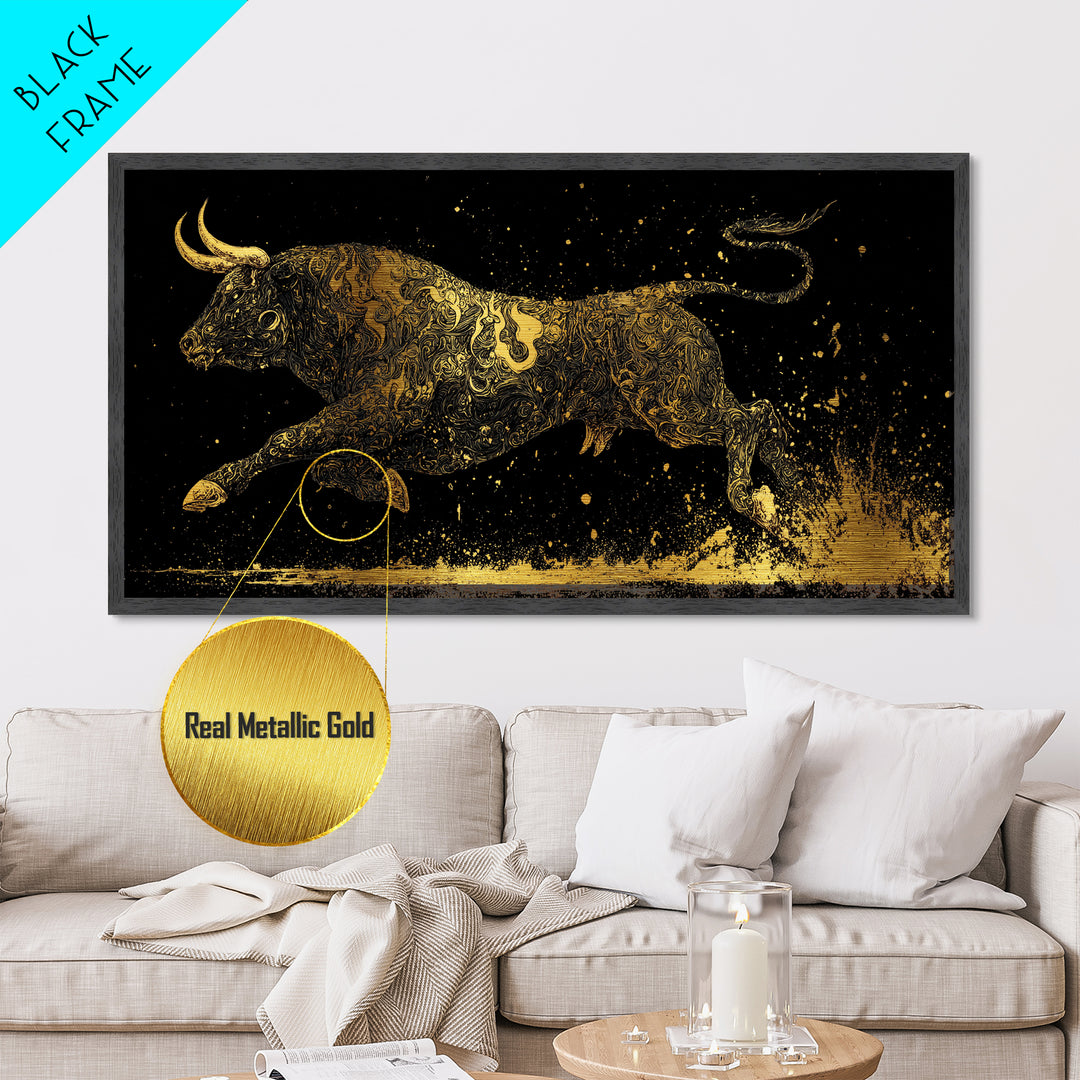 Golden Bull In Motion, Metallic Gold Art, Real Wood Frame, Dynamic Animal Wall Decor, Mythology Inspired Artwork