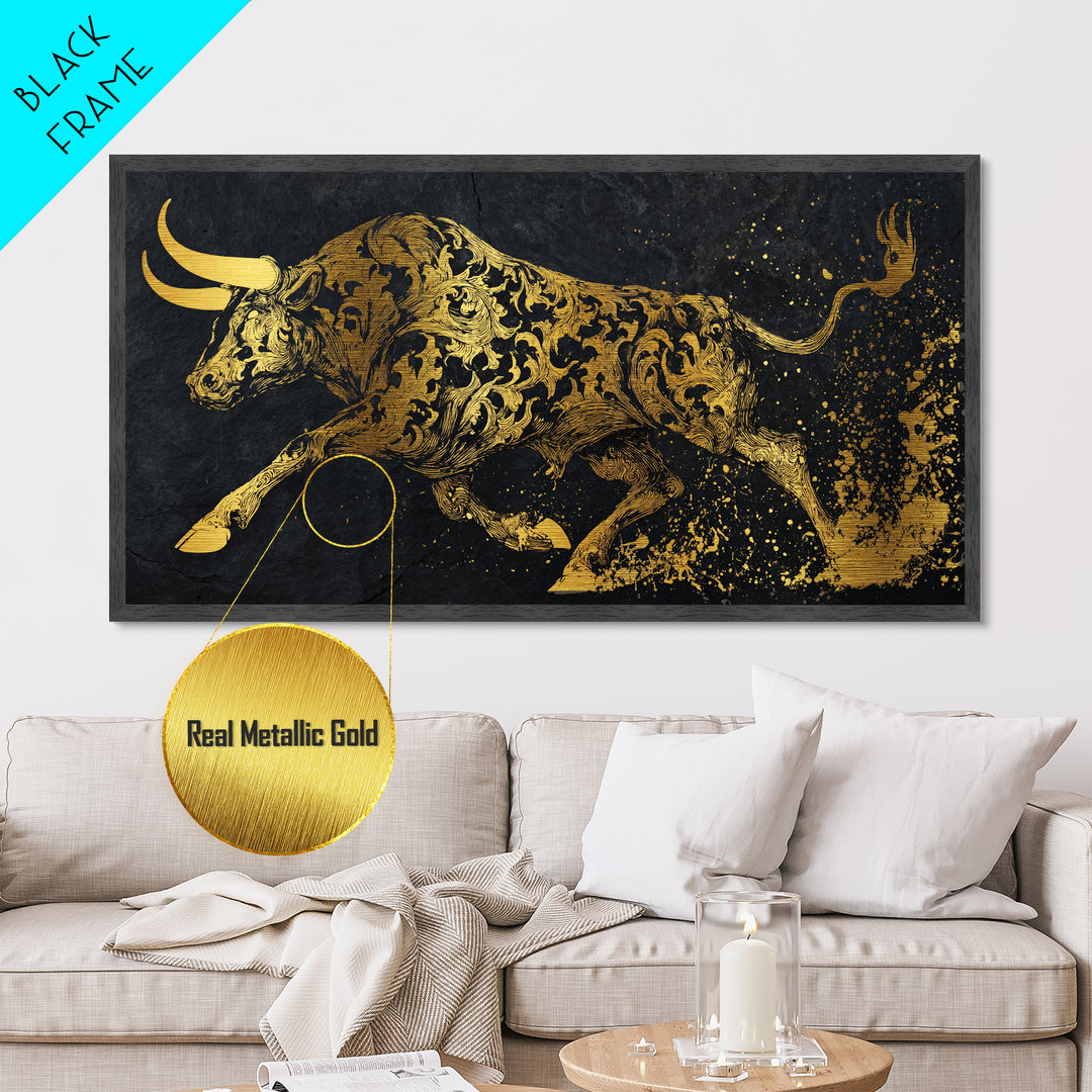 Ornate Golden Bull, Metallic Gold Metal Print, Real Wood Frame, Decorative Animal Artwork, Powerful Bull Illustration
