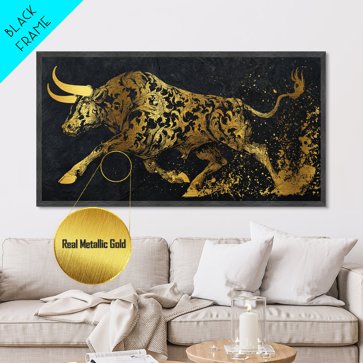 Ornate Golden Bull, Metallic Gold Metal Print, Real Wood Frame, Decorative Animal Artwork, Powerful Bull Illustration