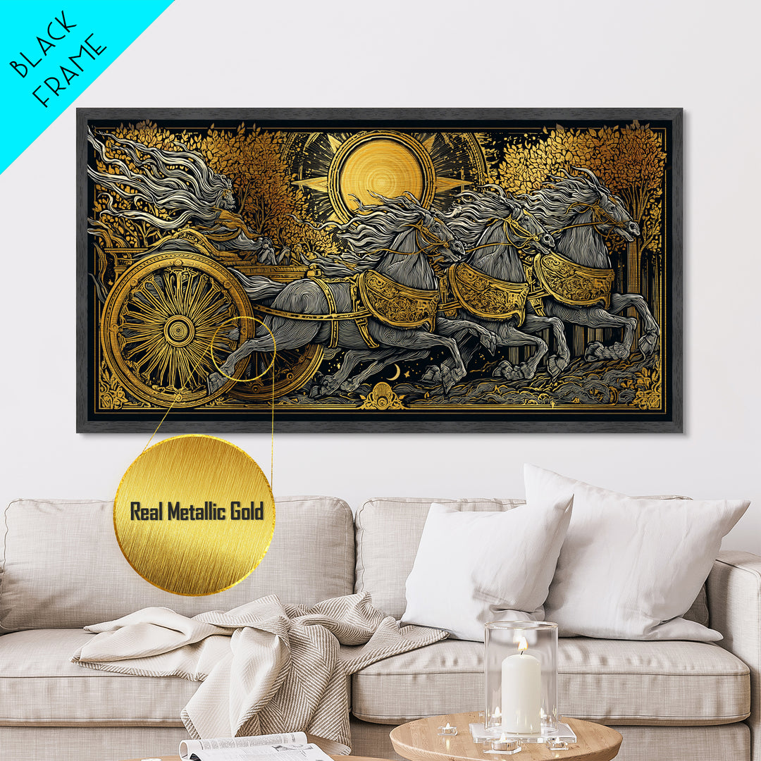 Chariot Of The Dawn, Metallic Gold Art, Real Wood Frame, Mythology Inspired Wall Decor, Horse And Rider Artwork