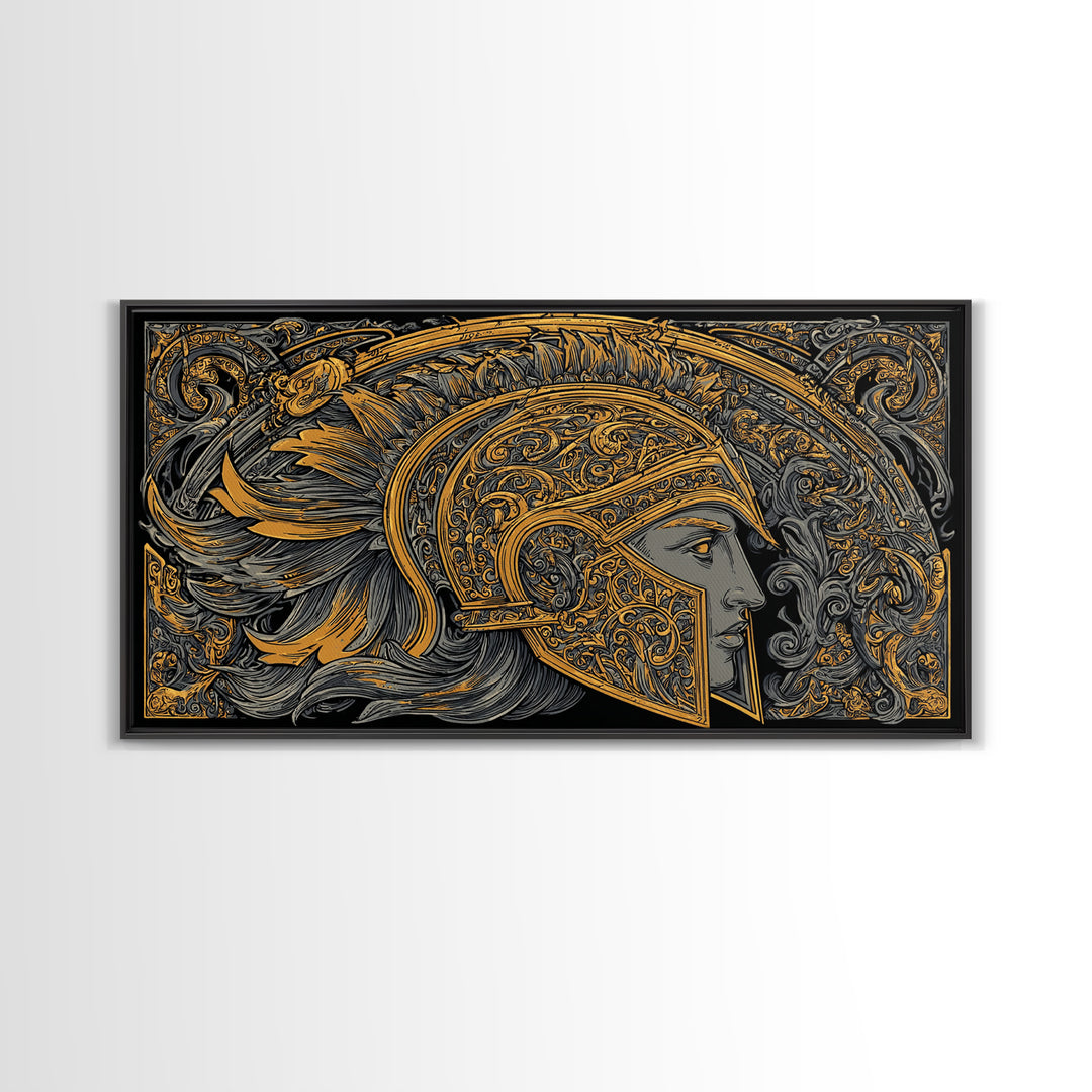 Ornate Greek Warrior Helmet, Gold Canvas Print, Real Wood Frame, Classical Armor Wall Art, Historical Decor