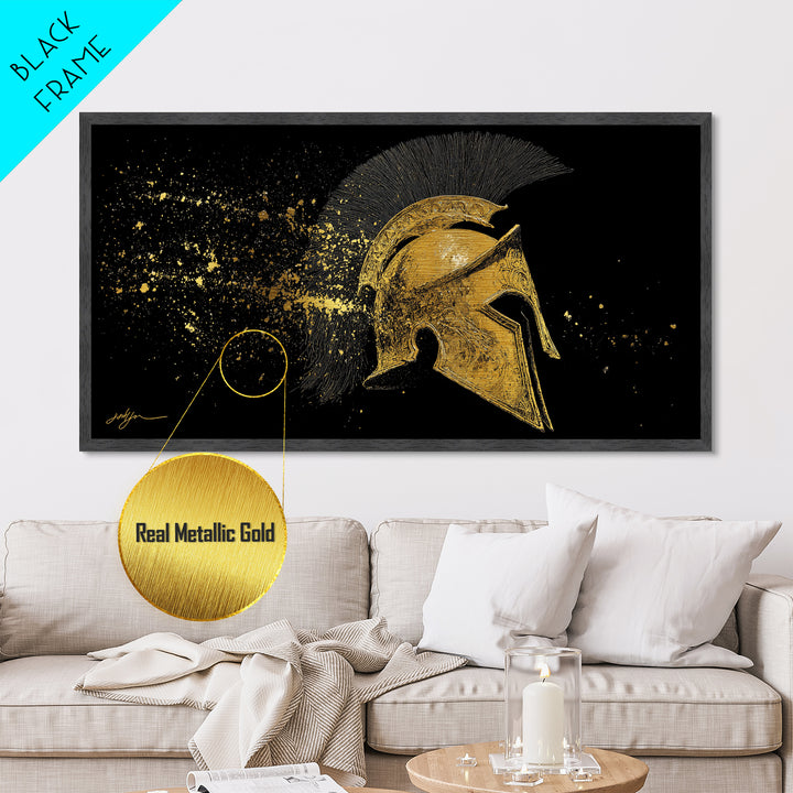 Golden Spartan Helmet, Metallic Gold Art, Real Wood Frame, Splatter Style Warrior Armor, Mythology Inspired Artwork