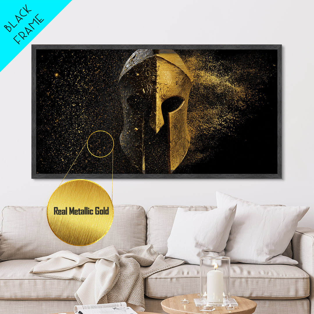 Half Gold Spartan Helmet, Metallic Gold Metal Print, Real Wood Frame, Splatter Style Warrior Armor, Ancient Battle Artwork