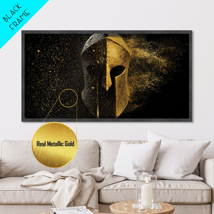 Half Gold Spartan Helmet, Metallic Gold Metal Print, Real Wood Frame, Splatter Style Warrior Armor, Ancient Battle Artwork