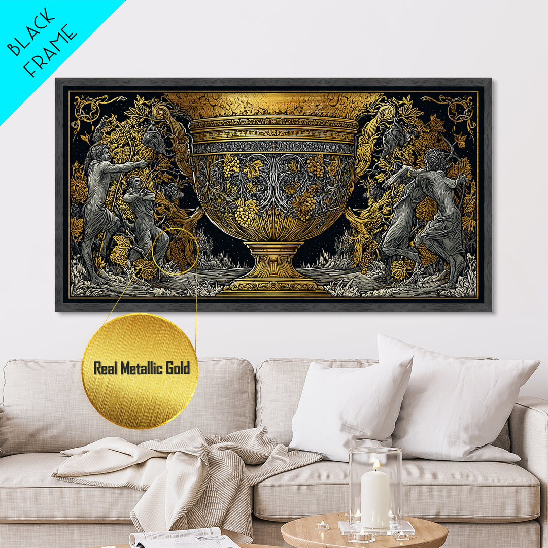 Golden Ornate Chalice, Metallic Gold Art, Real Wood Frame, Mythology Inspired Wall Decor, Classical Celebration Scene