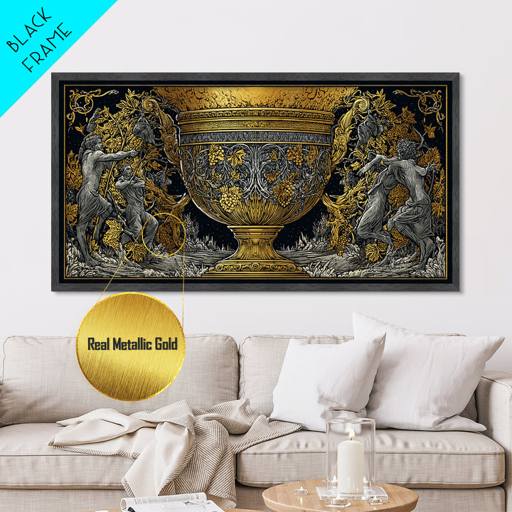Golden Ornate Chalice, Metallic Gold Art, Real Wood Frame, Mythology Inspired Wall Decor, Classical Celebration Scene