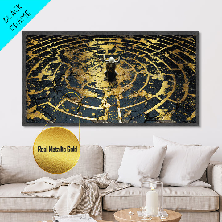 Minotaur In Labyrinth, Metallic Gold Metal Print, Real Wood Frame, Mythology Inspired Wall Art, Ancient Maze Artwork