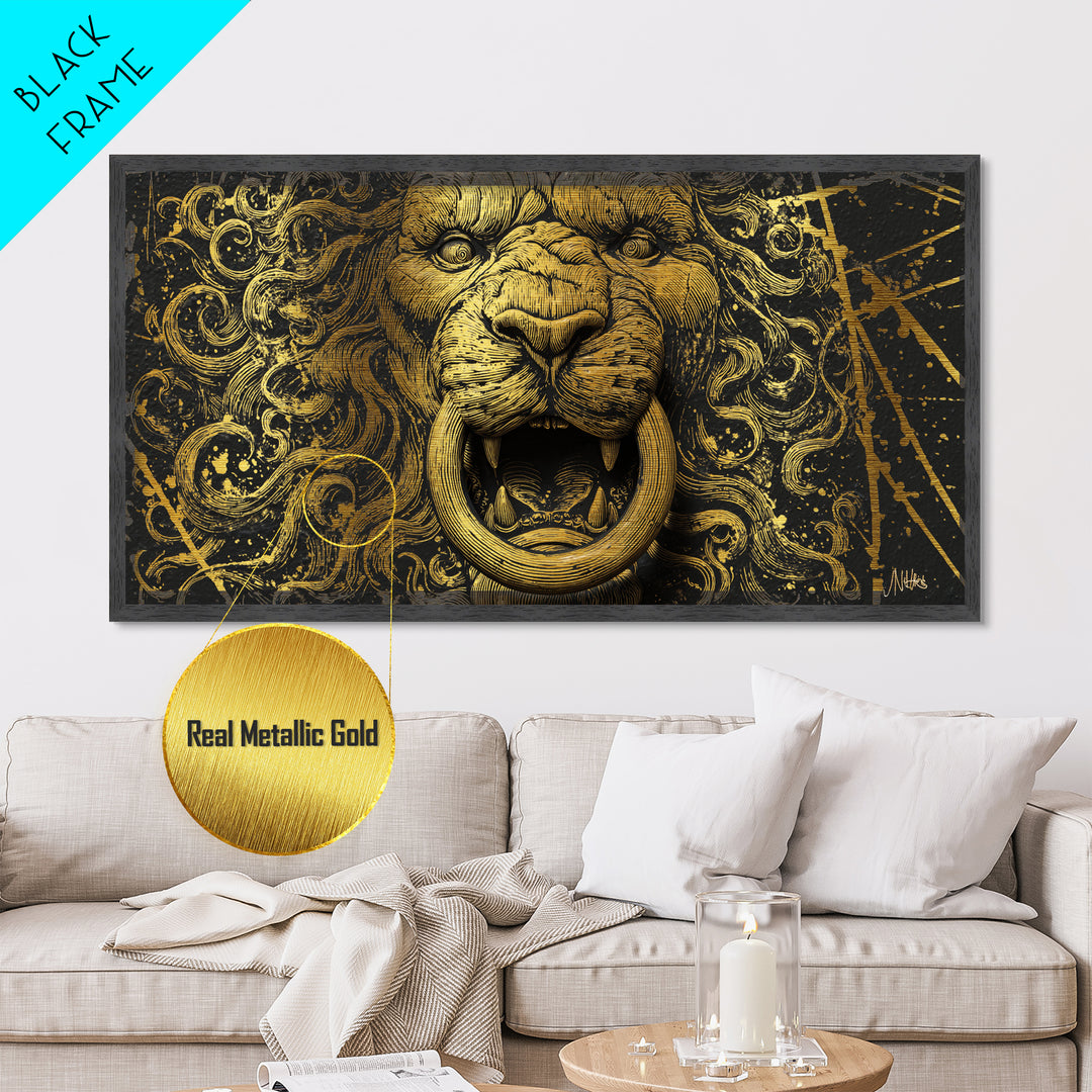 Golden Lion Door Knocker Close Up, Metallic Gold Art, Real Wood Frame, Splatter Style Animal Decor, Regal Lion Artwork