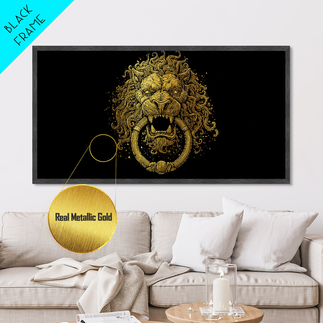 Golden Lion Door Knocker, Metallic Gold Metal Print, Real Wood Frame, Majestic Animal Wall Art, Regal Gold Illustration