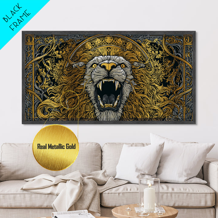 Roaring Golden Lion, Metallic Gold Art, Real Wood Frame, Mythology Inspired Animal Decor, Powerful Lion Wall Artwork
