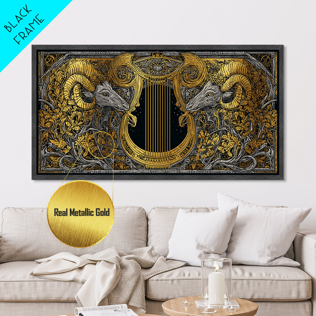 Ornate Ram Lyre, Metallic Gold Metal Print, Real Wood Frame, Mythology Inspired Musical Art, Classical Decorative Artwork
