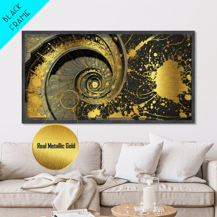 Golden Spiral Staircase, Metallic Gold Art, Real Wood Frame, Splatter Style Abstract Design, Modern Wall Decor