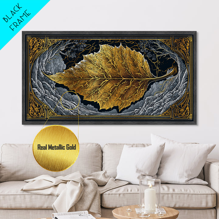 Golden Leaf In Ornate Frame, Metallic Gold Metal Print, Real Wood Frame, Botanical Wall Art, Nature Inspired Decor