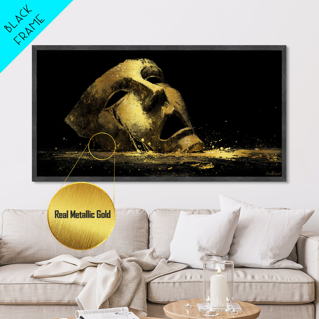 Golden Theatrical Mask, Metallic Gold Metal Print, Real Wood Frame, Dramatic Abstract Artwork, Expressive Wall Art