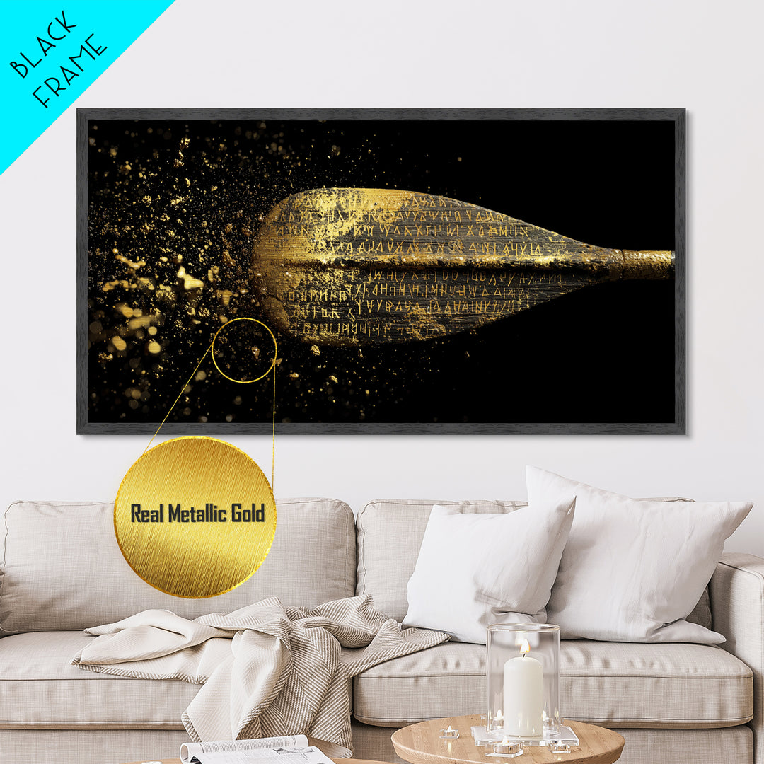 Ancient Golden Spear Tip, Metallic Gold Art, Real Wood Frame, Splatter Style Weapon Artwork, Mythology Inspired Decor