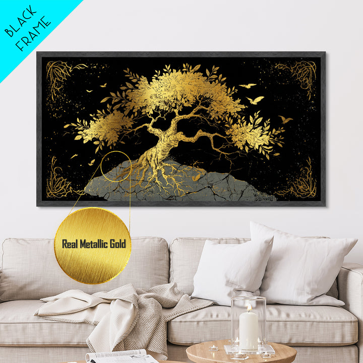 Metallic Gold Tree of Life Artwork, Intricate Roots and Leaves, Wood Framed Map Wall Art for Home or Office Décor