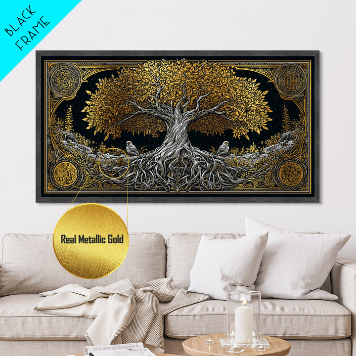 Metallic Gold Ancient Tree Design with Owls, Ornate Border, Wood Framed Map Wall Art for Classic and Nature-Inspired Spaces