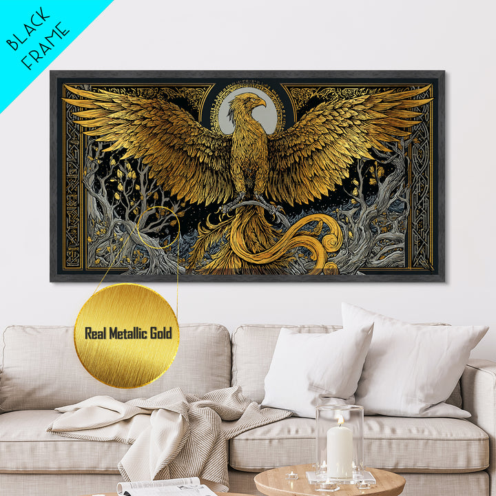 Metallic Gold Phoenix Rising Illustration, Majestic Wings, Wood Framed Map Wall Décor for Myth and Fantasy Art Lovers