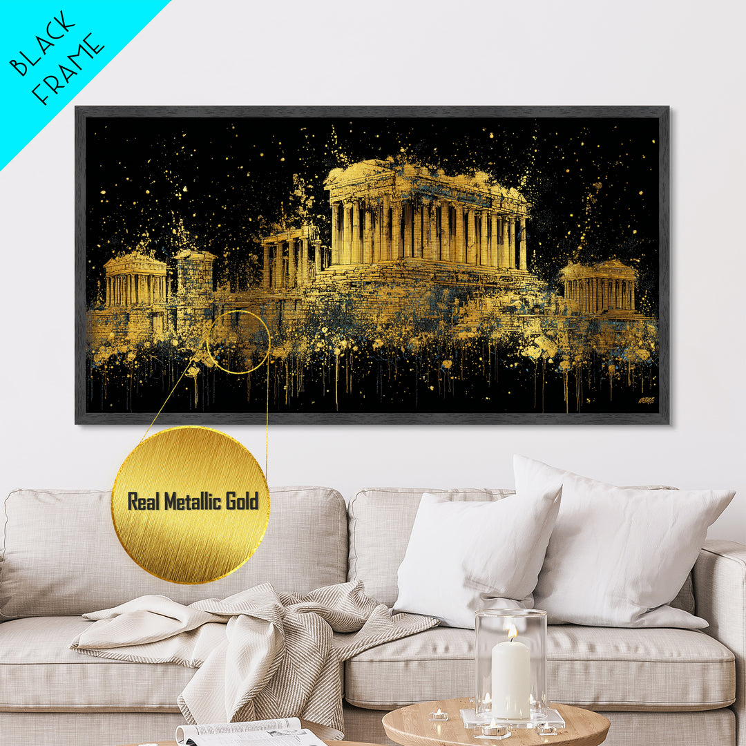 Metallic Gold Parthenon Greece Architecture Print, Splatter Art Style, Wood Framed Map Wall Art for Travel and History Fans