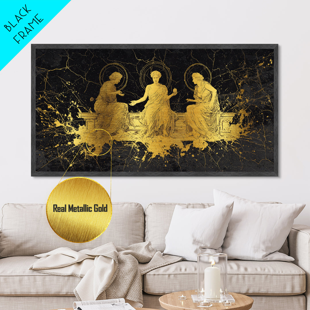 Metallic Gold Greek Goddesses Seated in Elegant Marble Scene, Wood Framed Map Wall Décor for Classical Art and Mythology Lovers