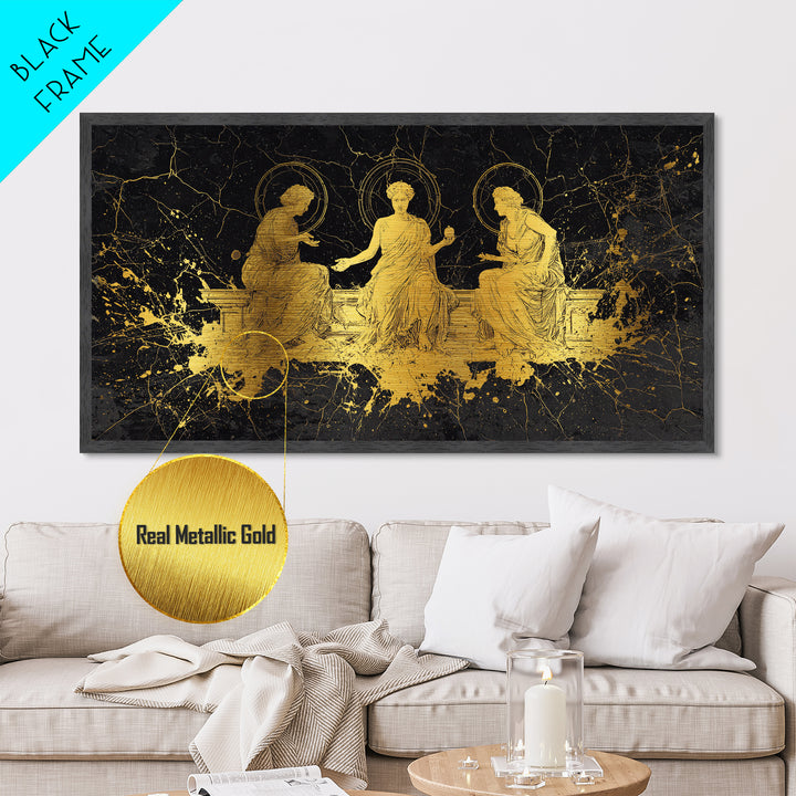 Metallic Gold Greek Goddesses Seated in Elegant Marble Scene, Wood Framed Map Wall Décor for Classical Art and Mythology Lovers