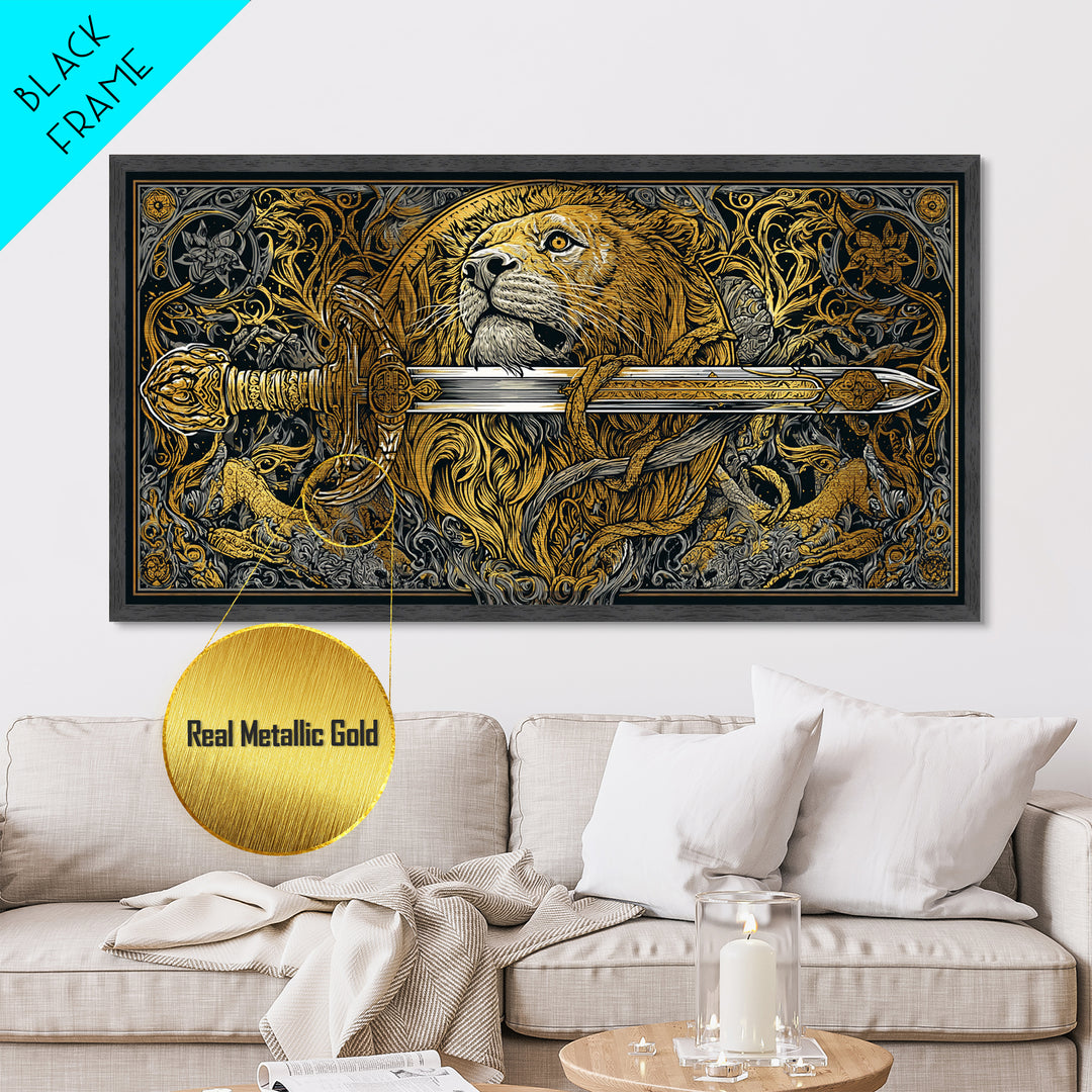 Metallic Gold Lion with Ornate Sword, Surrounded by Floral Designs, Wood Framed Map Wall Art for Strength and Courage Symbolism