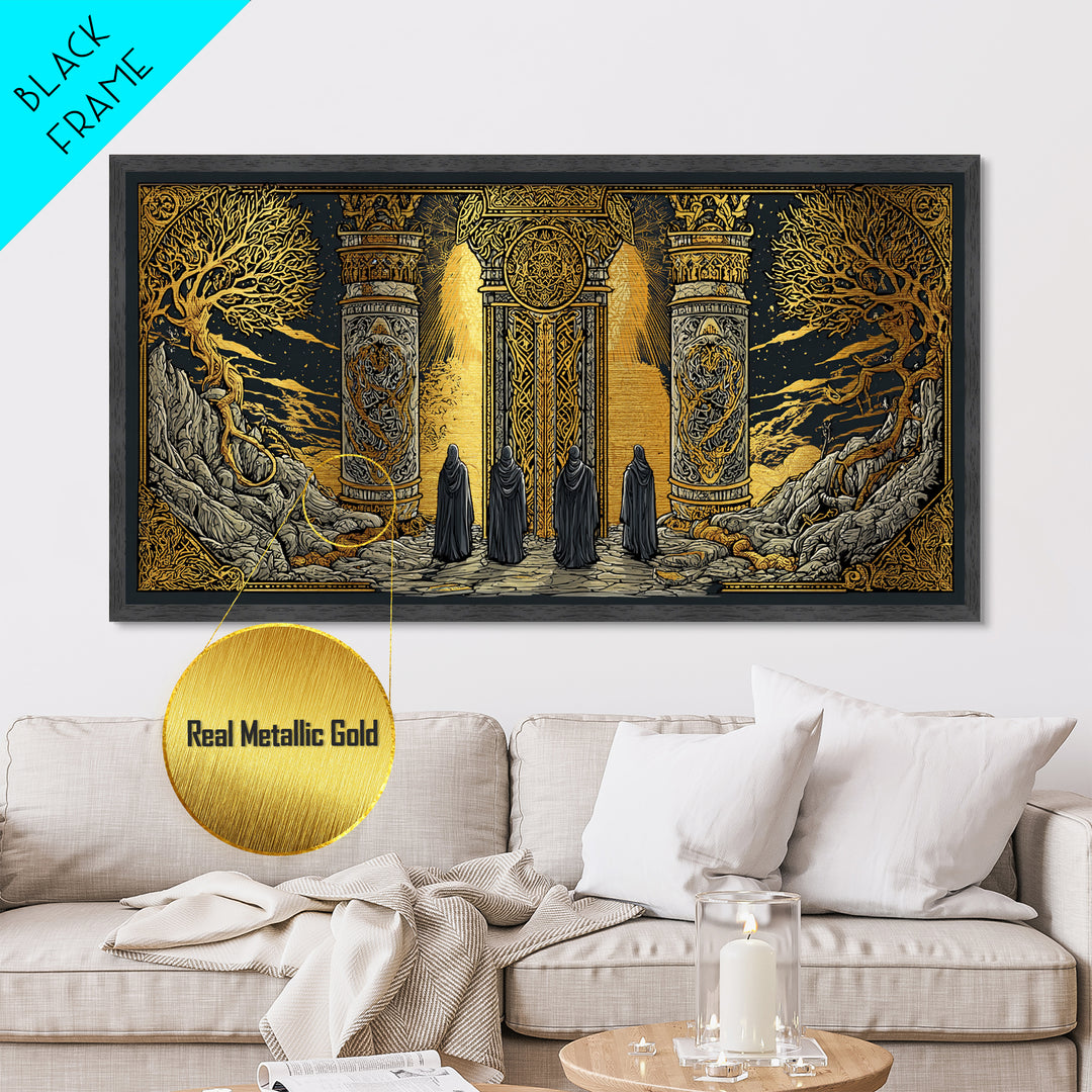Metallic Gold Fantasy Portal Artwork, Glowing Pillars and Trees, Wood Framed Map Wall Décor for Magical and Epic Settings