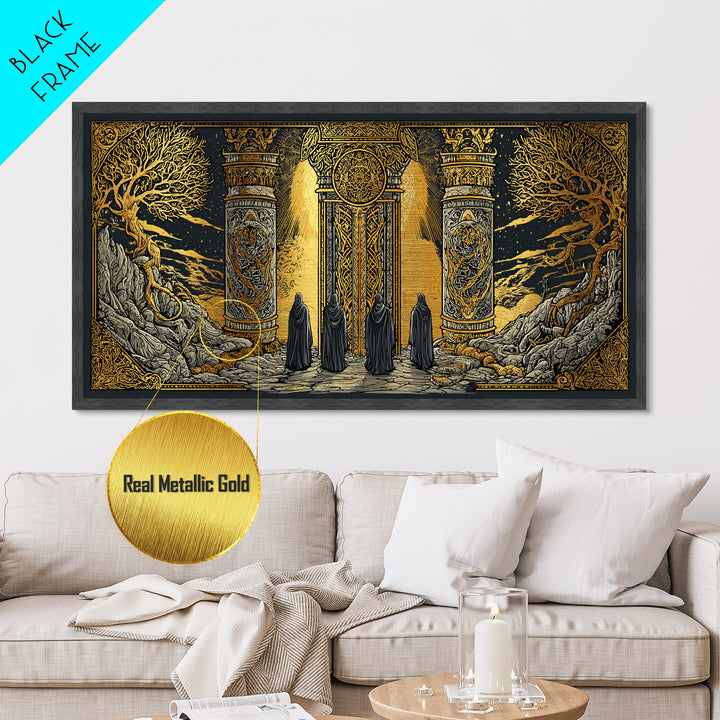 Metallic Gold Fantasy Portal Artwork, Glowing Pillars and Trees, Wood Framed Map Wall Décor for Magical and Epic Settings