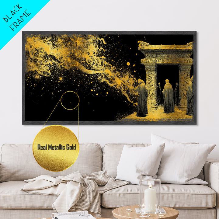 Metallic Gold Ancient Gate Scene, Robed Figures and Ornate Carvings, Wood Framed Map Wall Art for Mystery and Fantasy Lovers