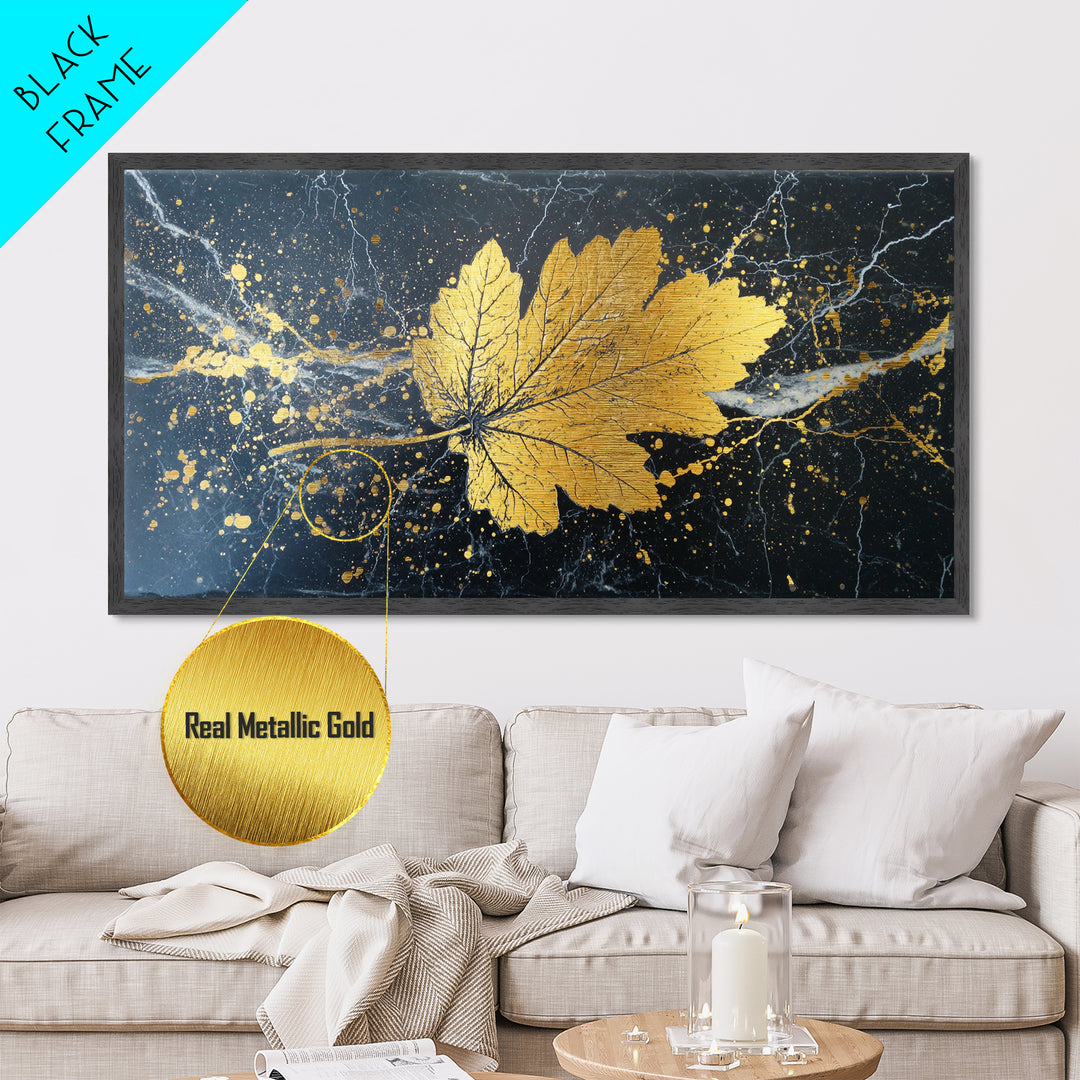 Golden Maple Leaf On Black, Metallic Gold Art, Real Wood Frame, Splatter Style, Nature Wall Decor, Leaf Print