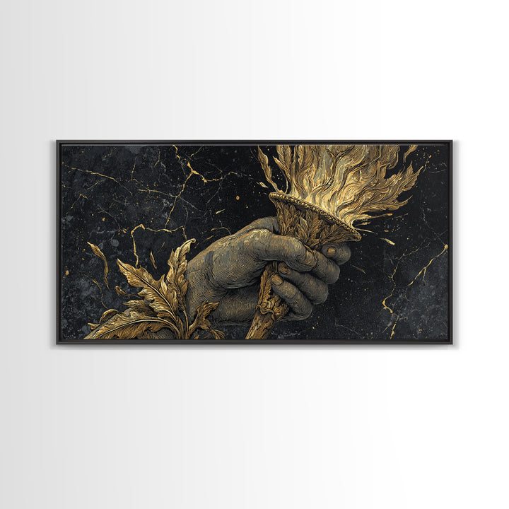 Gold Torch of Triumph Print, Detailed Hand and Flame, Wood Framed Map Wall Décor for Victory and Inspiration Themes