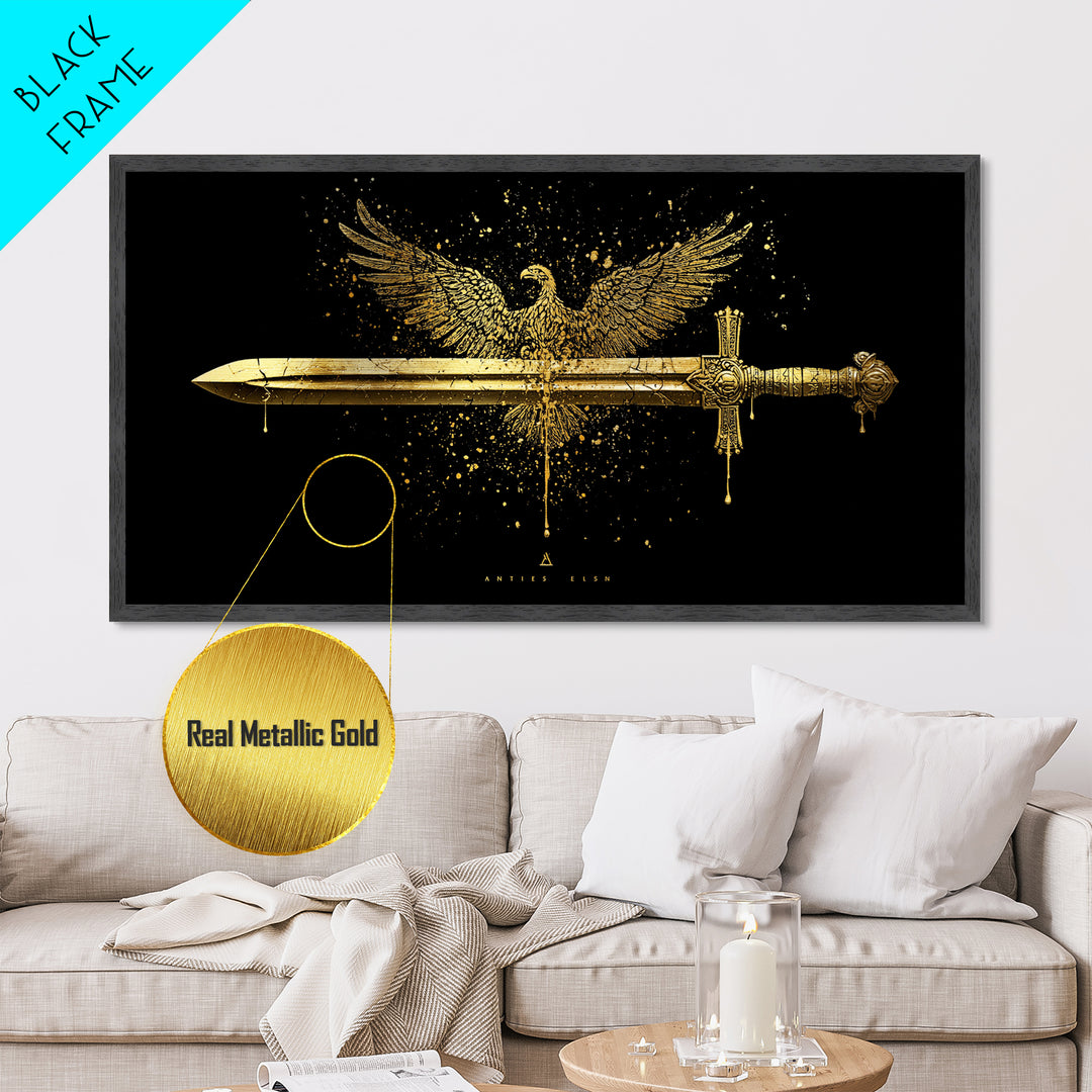 Metallic Gold Eagle and Sword Artwork, Splatter Effect Style, Wood Framed Map Wall Art for Power and Freedom Symbolism