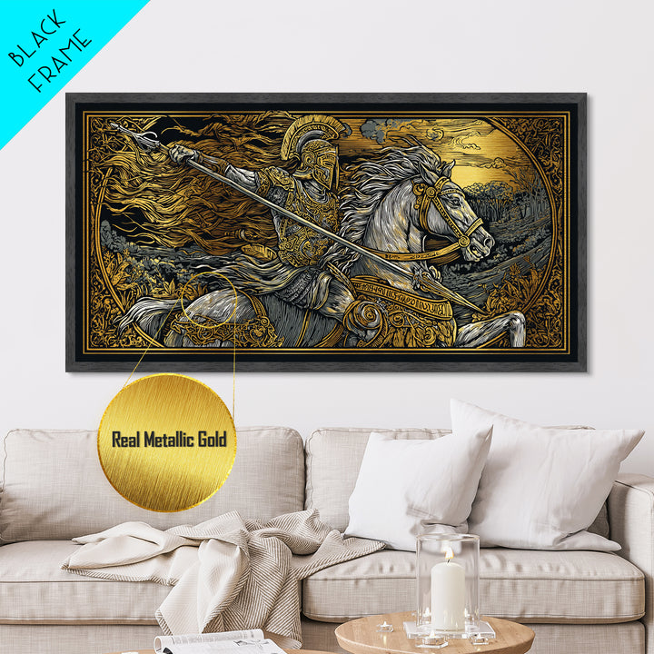 Metallic Gold Metal Print Spartan Warrior on Horseback, Flowing Mane and Spear, Wood Framed Map Wall Art, Ancient Battle,  History Lovers