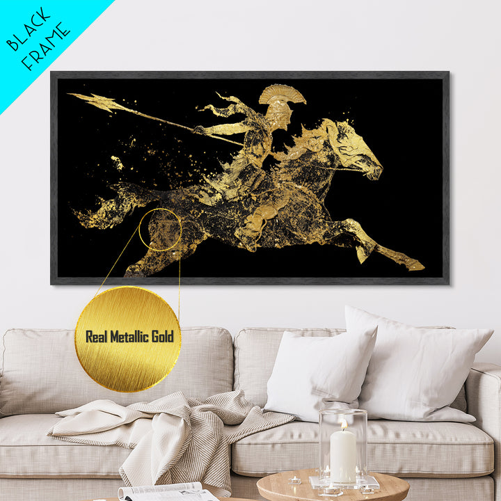 Metallic Gold Art Spartan Rider Silhouette, Splatter Effect Spear Charge, Wood Framed Map Wall Décor, Historical and Warrior-Themed Spaces
