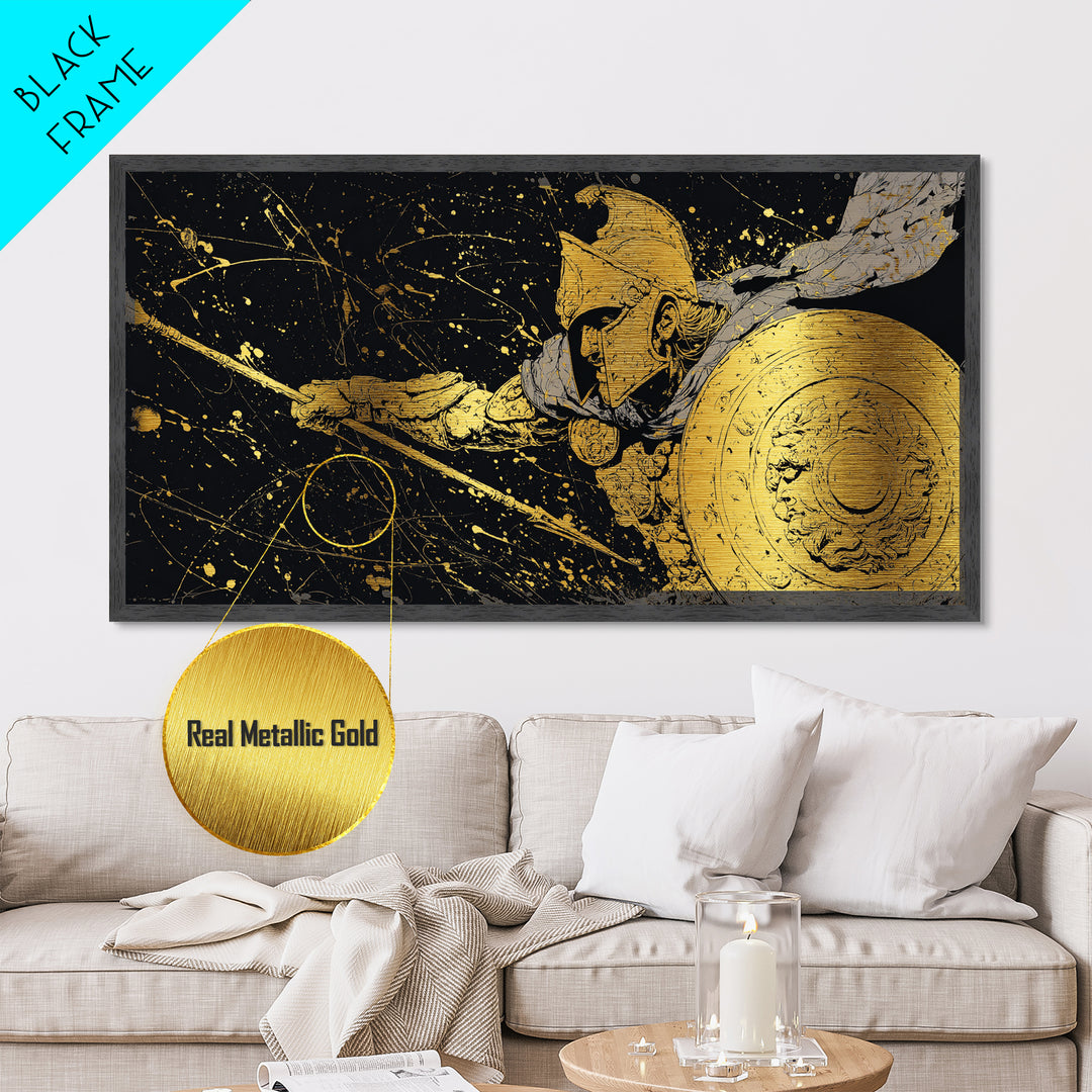 Metallic Gold Metal Print Spartan Soldier with Shield and Spear, Splatter Background, Wood Framed Map Wall Art for Ancient Greece Enthusiasts