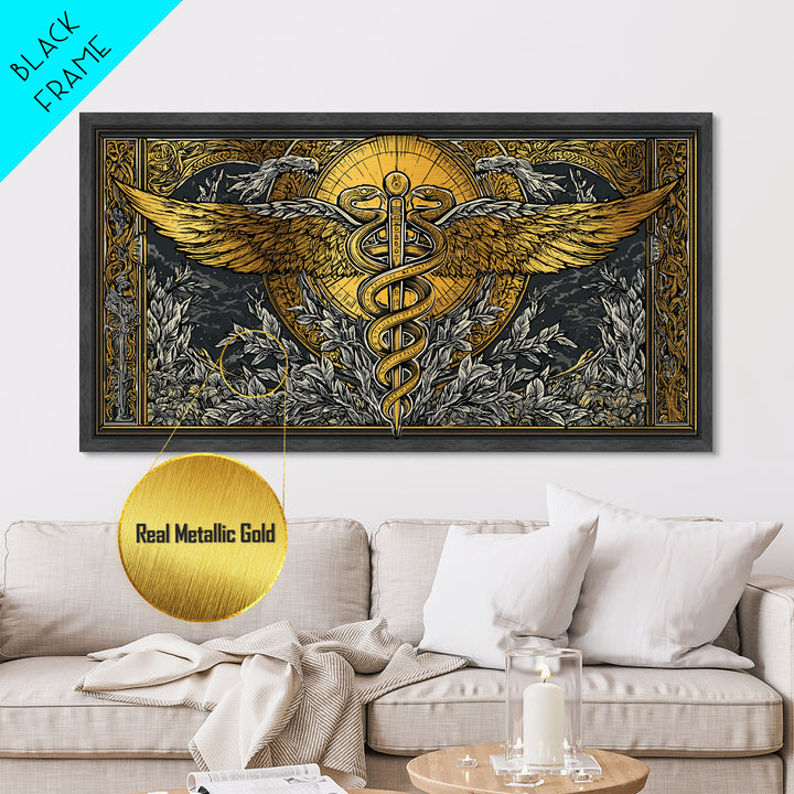 Metallic Gold Art Caduceus Symbol with Wings and Serpents, Ornate Frame, Wood Framed Map Wall Décor for Medical and Healing Symbolism Fans