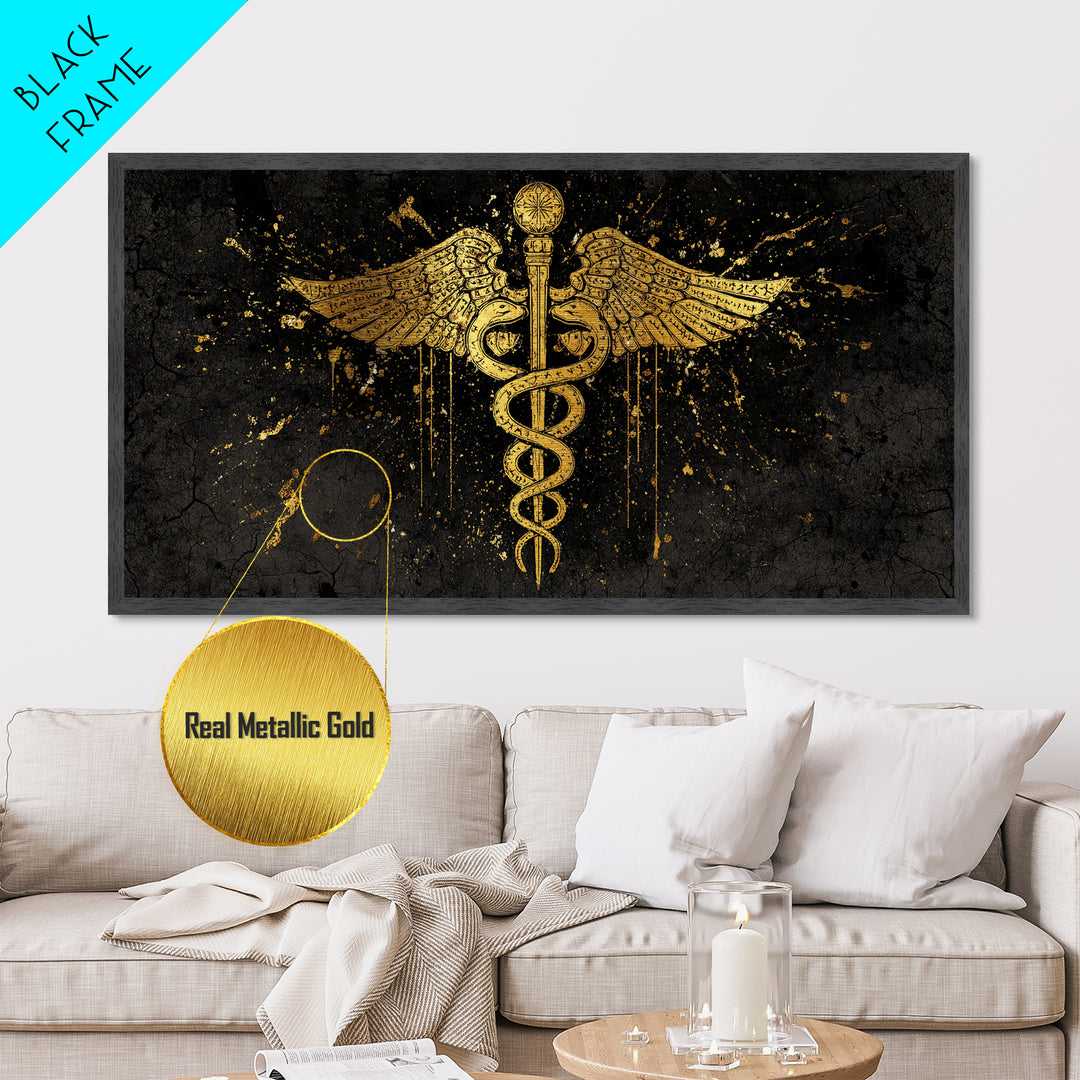 Metallic Gold Metal Print Caduceus Splatter Effect Design, Ancient Script Wings, Wood Framed Map Wall Art for Medicine and Healing Iconography