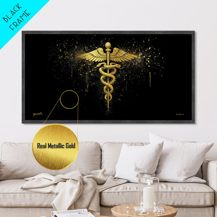 Metallic Gold Art Caduceus Medical Symbol, Splatter Background Art Style, Wood Framed Map Wall Décor for Healthcare, Classical Symbol Lovers