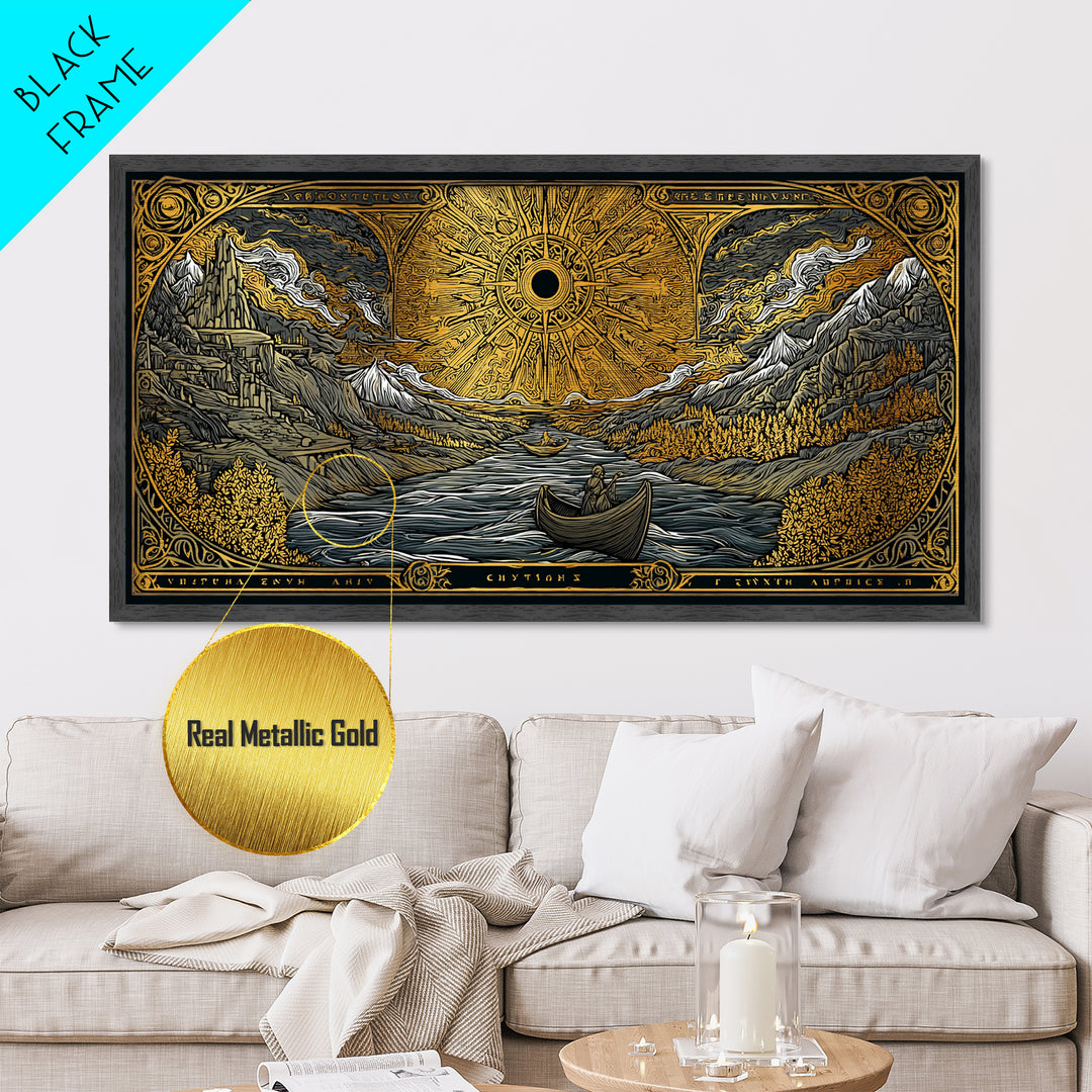 Metallic Gold Metal Print Solar Eclipse Over Mountain Valley, Rowboats and Figures, Wood Framed Map Wall Art for Fantasy and Celestial Lovers