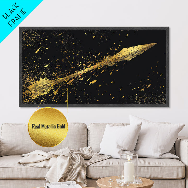 Golden Spear In Flight, Metallic Gold Metal Print, Real Wood Frame, Dynamic Weapon Art, Mythology Inspired Wall Decor