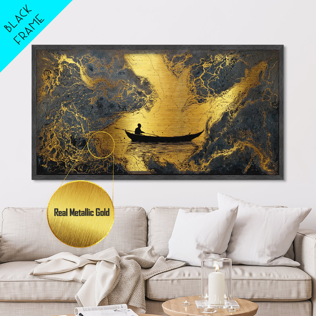 Metallic Gold Art Rowboat Silhouette Over Detailed Map Pattern, Reflective Water, Wood Framed Map Wall Décor, Nautical and Cartographic Fans