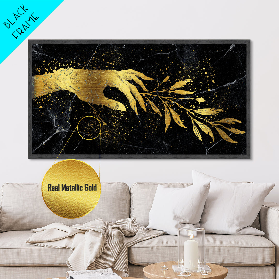 Metallic Gold Metal Print Hand Offering Olive Branch, Splatter Art Marble Texture, Wood Framed Map Wall Art for Peace and Nature Symbolism