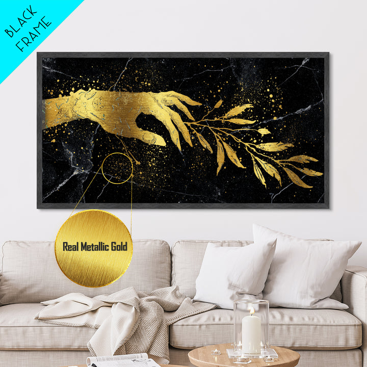 Metallic Gold Metal Print Hand Offering Olive Branch, Splatter Art Marble Texture, Wood Framed Map Wall Art for Peace and Nature Symbolism
