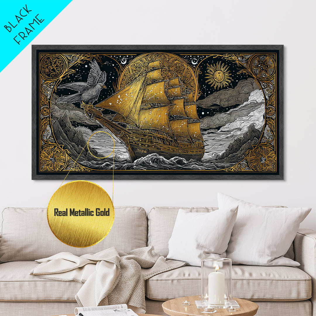Metallic Gold Art Sailing Ship with Raven Figurehead, Starry Night and Waves, Wood Framed Map Wall Décor, Nautical and Mythic Voyage Lovers