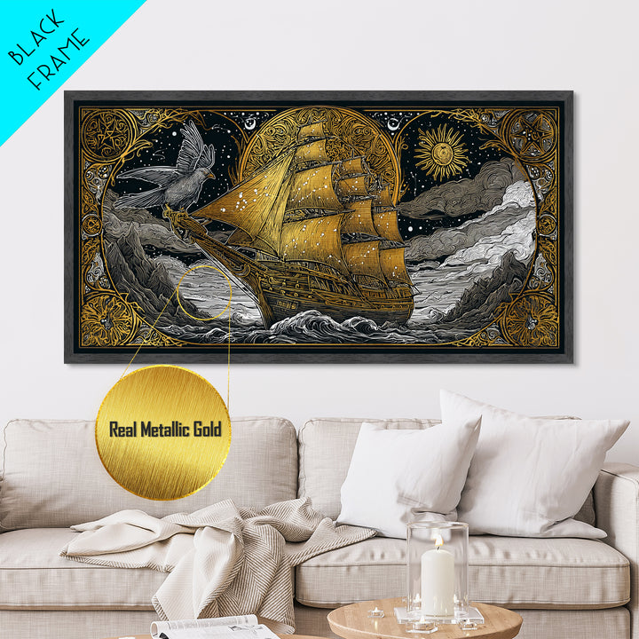 Metallic Gold Art Sailing Ship with Raven Figurehead, Starry Night and Waves, Wood Framed Map Wall Décor, Nautical and Mythic Voyage Lovers