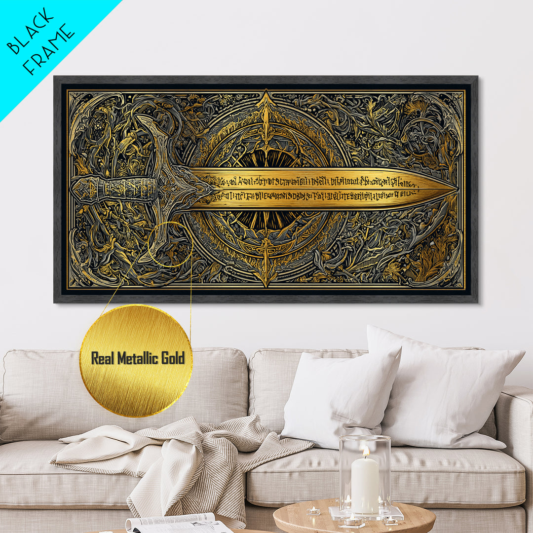 Metallic Gold Metal Print of Ornate Sword and Compass Design, Engraved Blade and Decorative Frame, Wood Framed Map Wall Décor