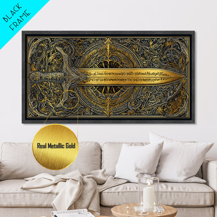 Metallic Gold Metal Print of Ornate Sword and Compass Design, Engraved Blade and Decorative Frame, Wood Framed Map Wall Décor