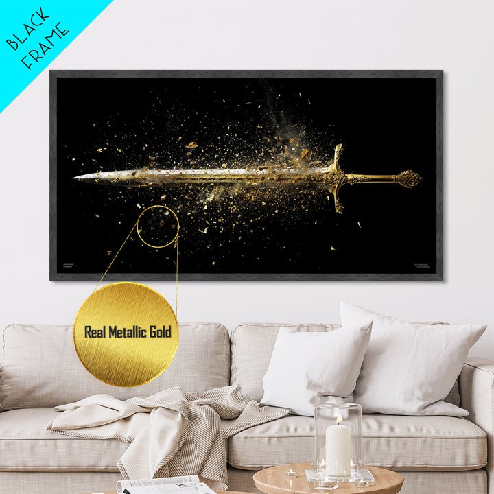 Metallic Gold Art of Shattering Sword in Mid-Air, Detailed Blade Explosion and Dark Background, Wood Framed Map Wall Art Display