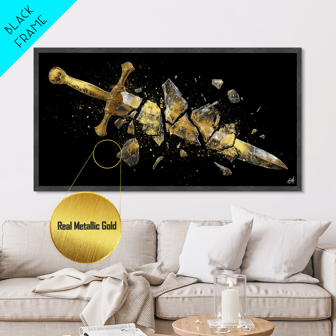 Metallic Gold Metal Print of Broken Sword in Fragments, Detailed Golden Hilt and Blade Shards, Wood Framed Map Wall Décor Accent